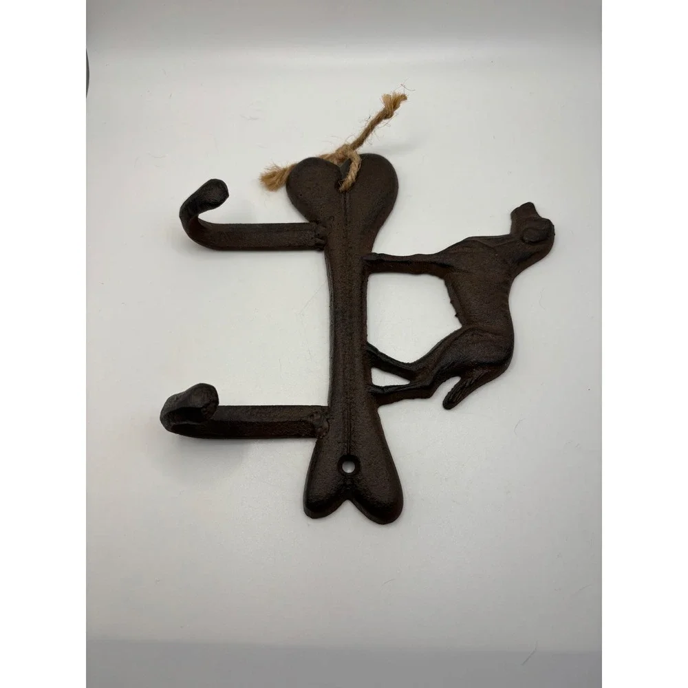 Cast Iron Dog on Bone Wall Hook Rack Rustic Brown Leash Key Holder 2 Hooks